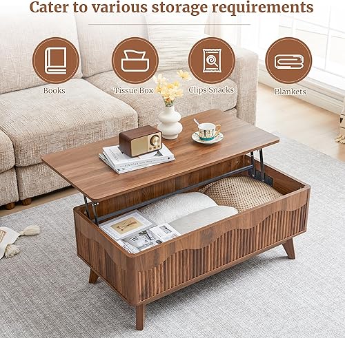 Miniatura 6 de BERRYMERRY Mesa de centro elevable con almacenamiento oculto, mesa de centro acanalada de granja con perfil ondulado, mesa central rectangular con