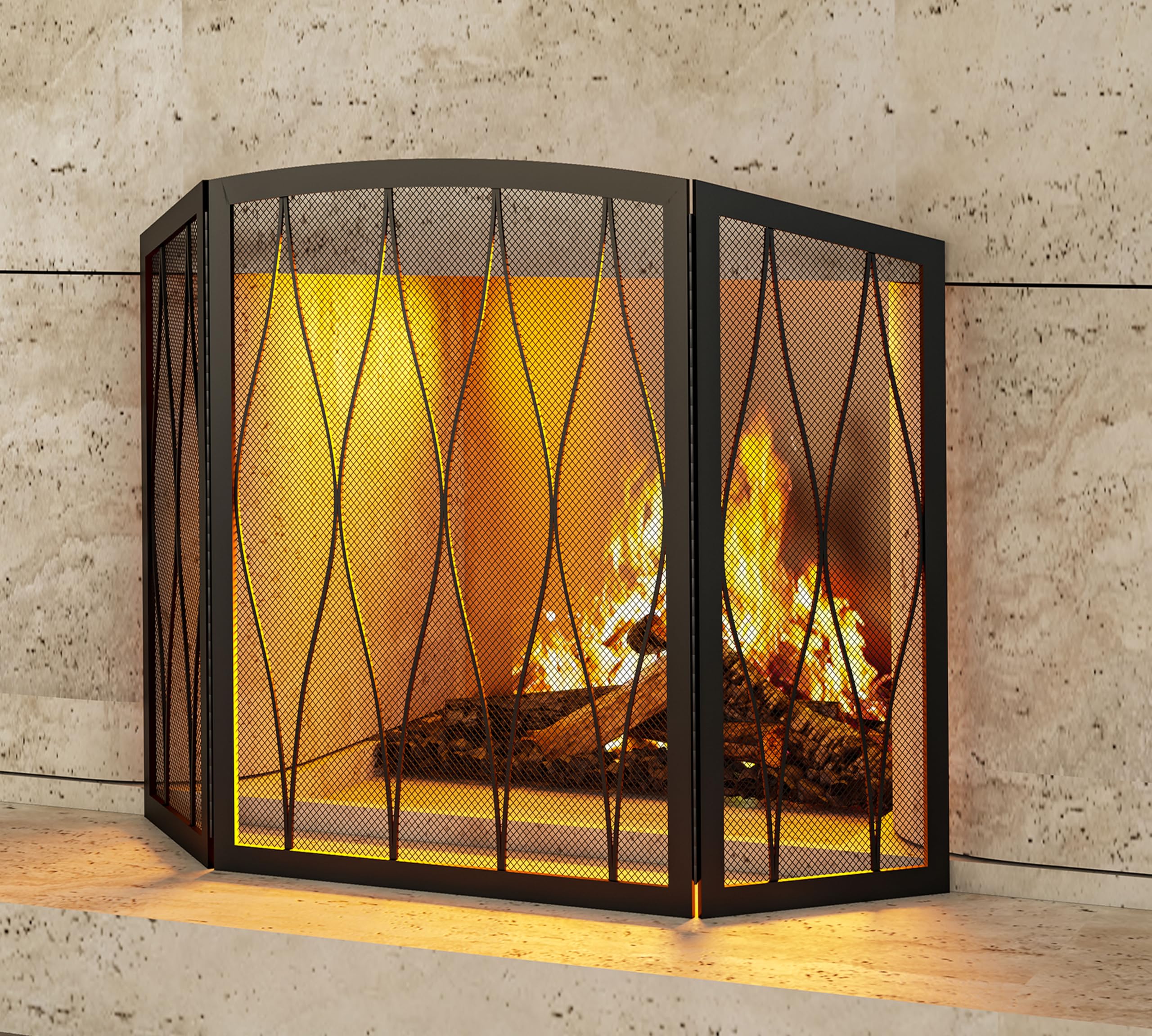 Kingson Childproof Fireplace Screen 3- Panel Modern Handcrafted Wrought Iron Foldable Metal Mesh, Heavy Duty Decorative Fireplace Spark Guard Cover for Living Room Home Decor Black Finish