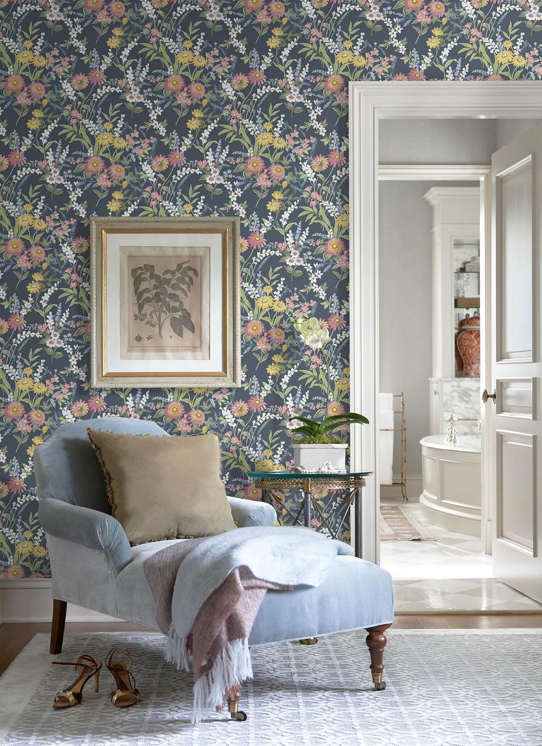 Dimoon 197"x17.3" Vintage Wallpaper Floral Peel and Stick Wallpaper Boho Contact Paper Dark Blue Cute Flower Removable Wall Paper Renter Friendly Kitchen Shelf Liner Bathroom Self Adhesive Vinyl Roll