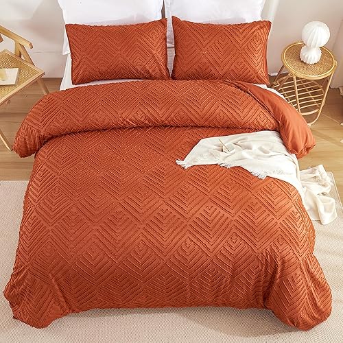 Miniatura 3 de Litanika Juego de edredón tamaño Queen color naranja quemado, juego de edredón bohemio de 3 piezas, juego de ropa de cama rústico copetudo