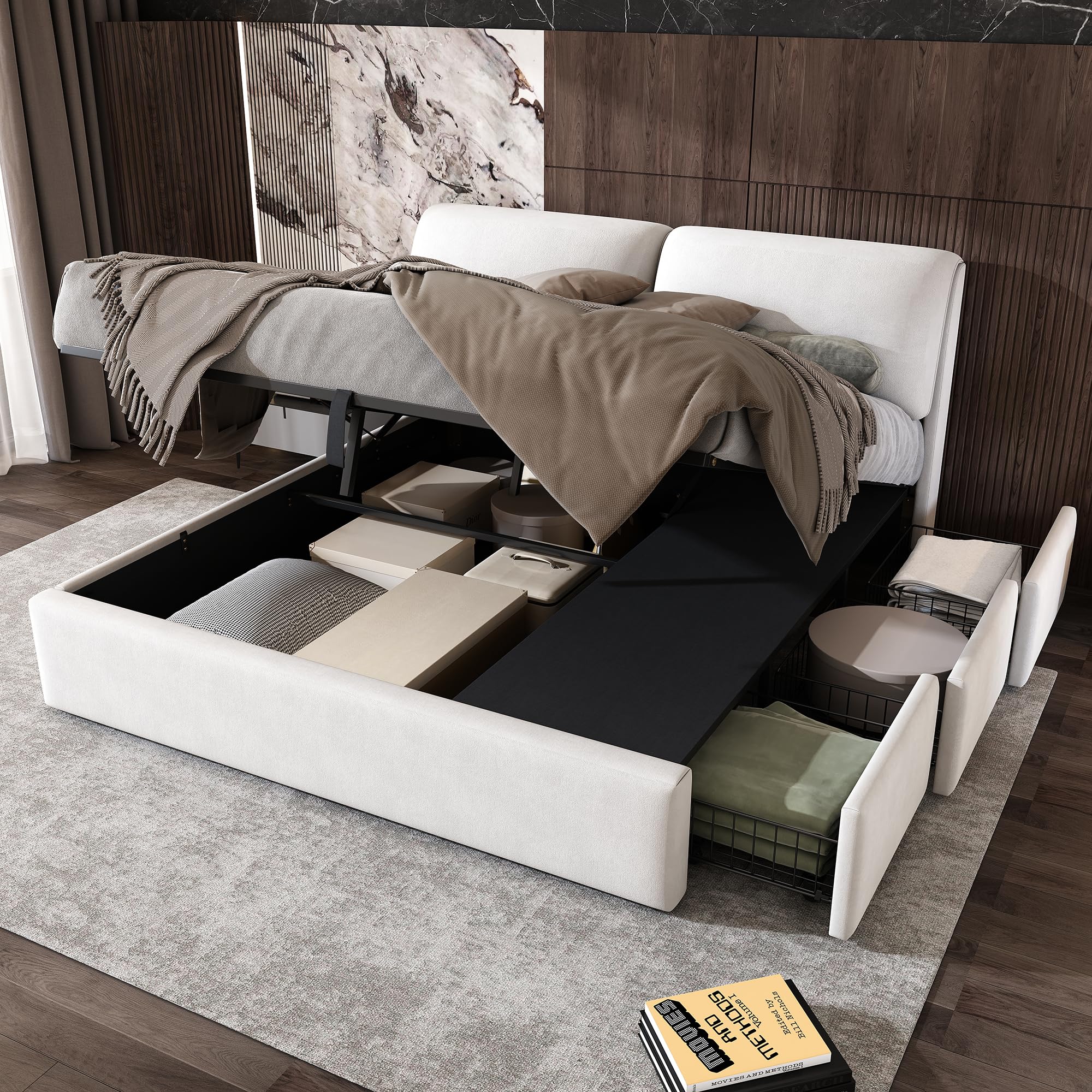 Lit Coffre 180 x 200,lit 2 Personnes 180x200 cm avec Rangement,Cadre de lit,hydraulique,Trois tiroirs,sans Matelas,Velours,Beige