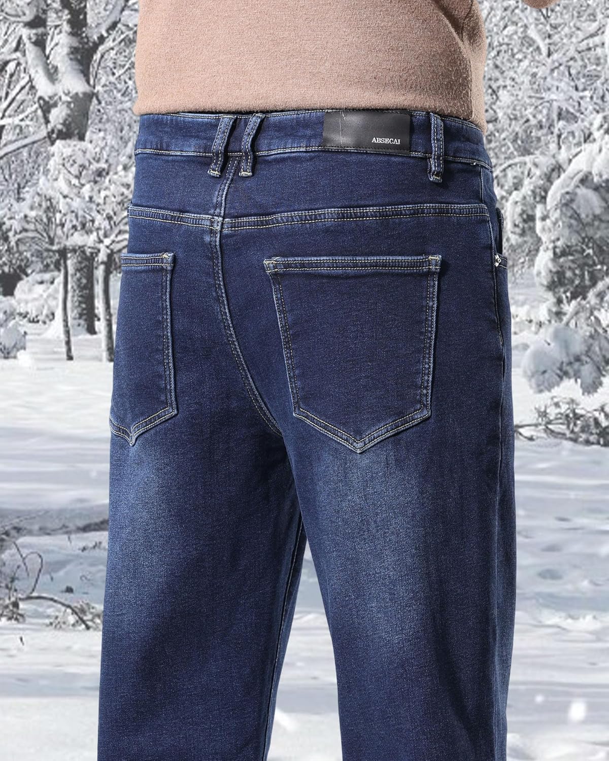 TENGINE Mens Fleece Denim Pants Winter Warm Skinny Slim Fit Jeans - Image 6