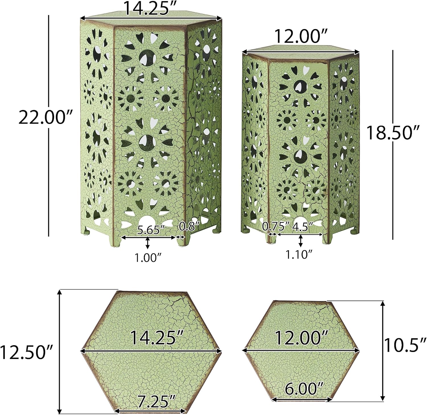 GDFStudio Elliot Outdoor 12 Inch and 14 Inch Sunburst Iron Side Table Set (Crackle Green) (301960)