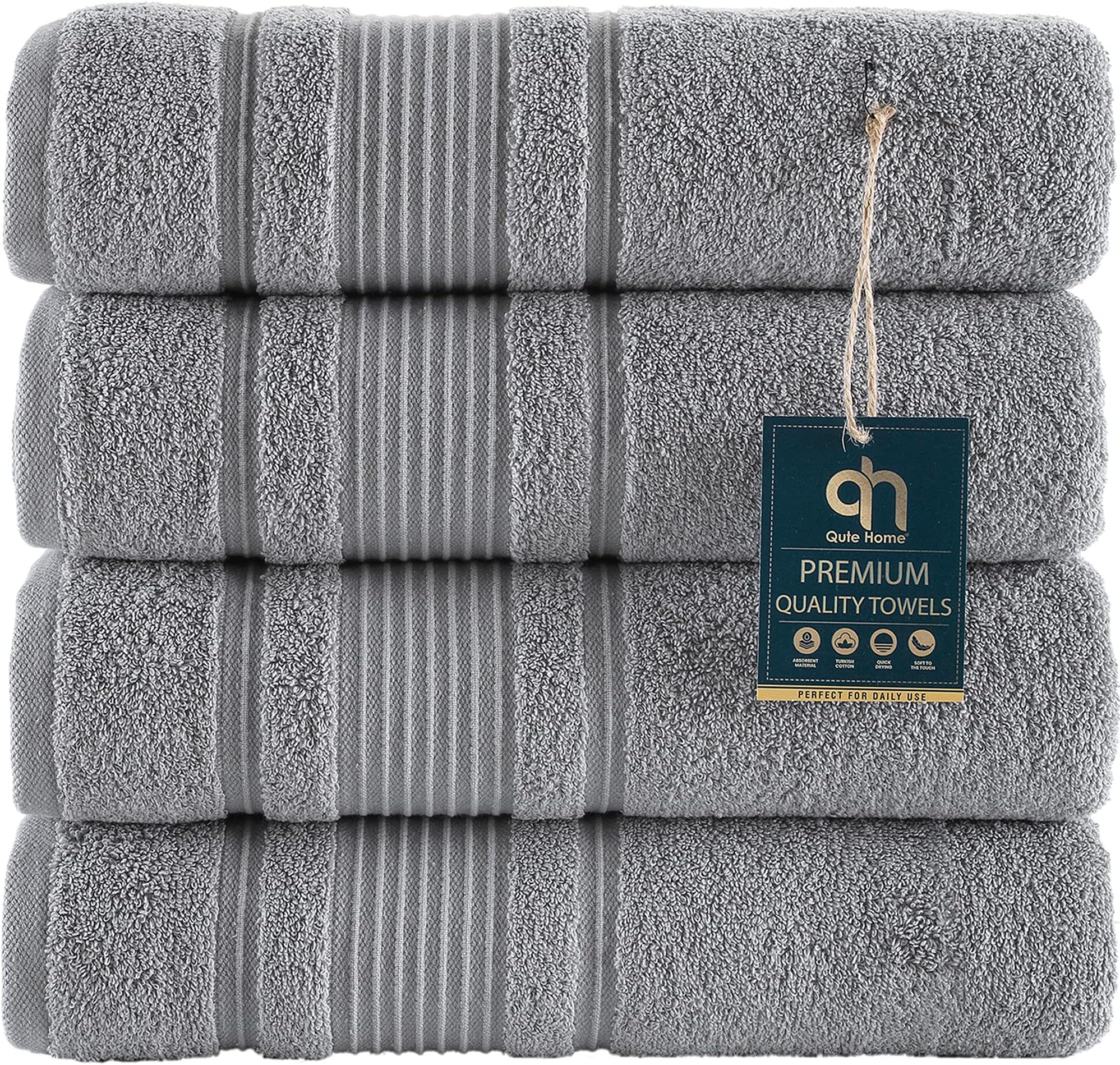 Qute Home 4-Piece Bath Towels Set, 100% Turkish Cotton Premium Quality Towels for Bathroom, Quick Dry Soft and Absorbent Turkish Towel, Set Includes 4 Bath Towels (Grey)
