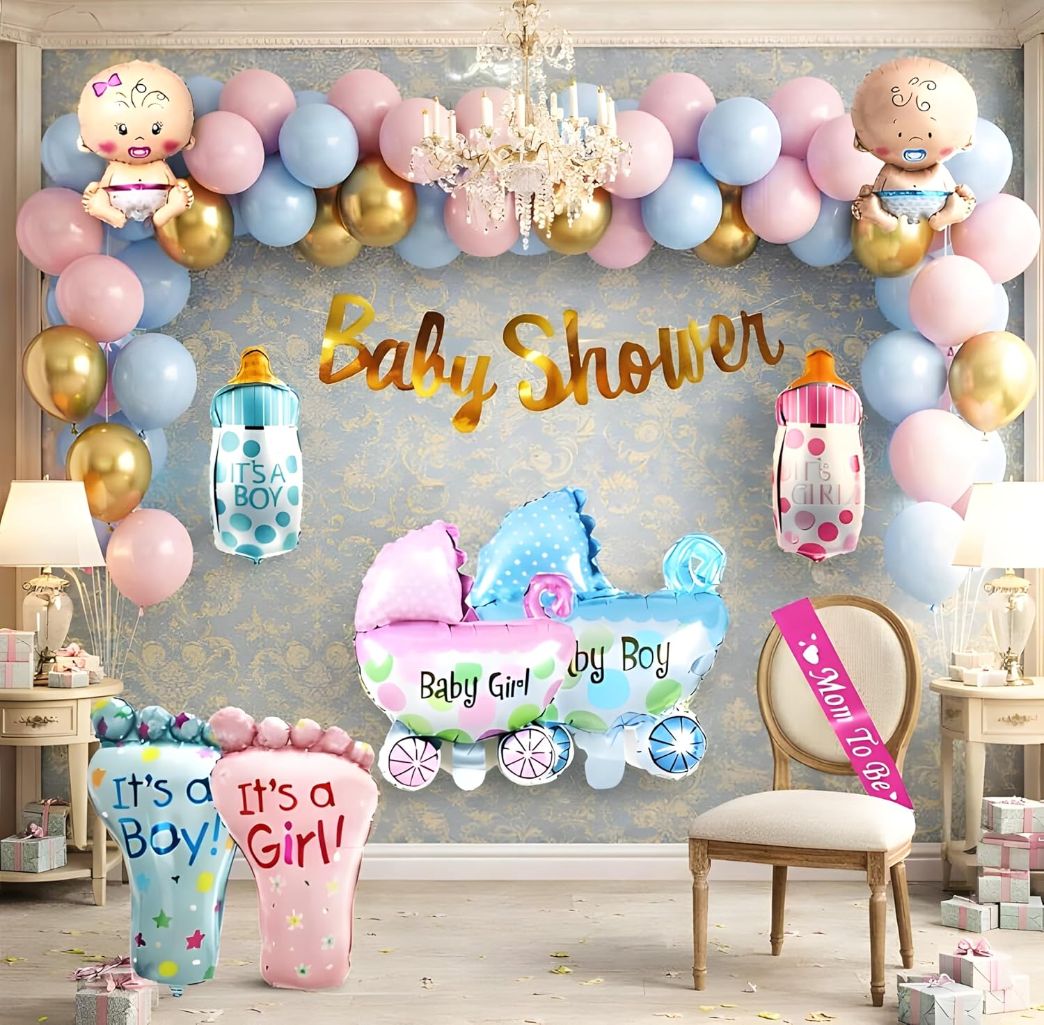 GROOVY DUDZ Baby Shower Decoration Items Set-55Pcs Baby Shower Party Decoration Items with Pastel Balloon,Pram Balloon the