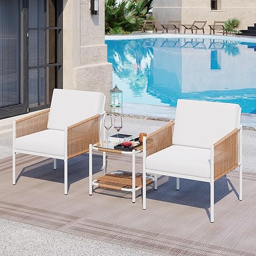 Shintenchi Juego de muebles de mimbre para patio, muebles de exterior con dos sillas individuales y mesa auxiliar para patio trasero, balcón, junto