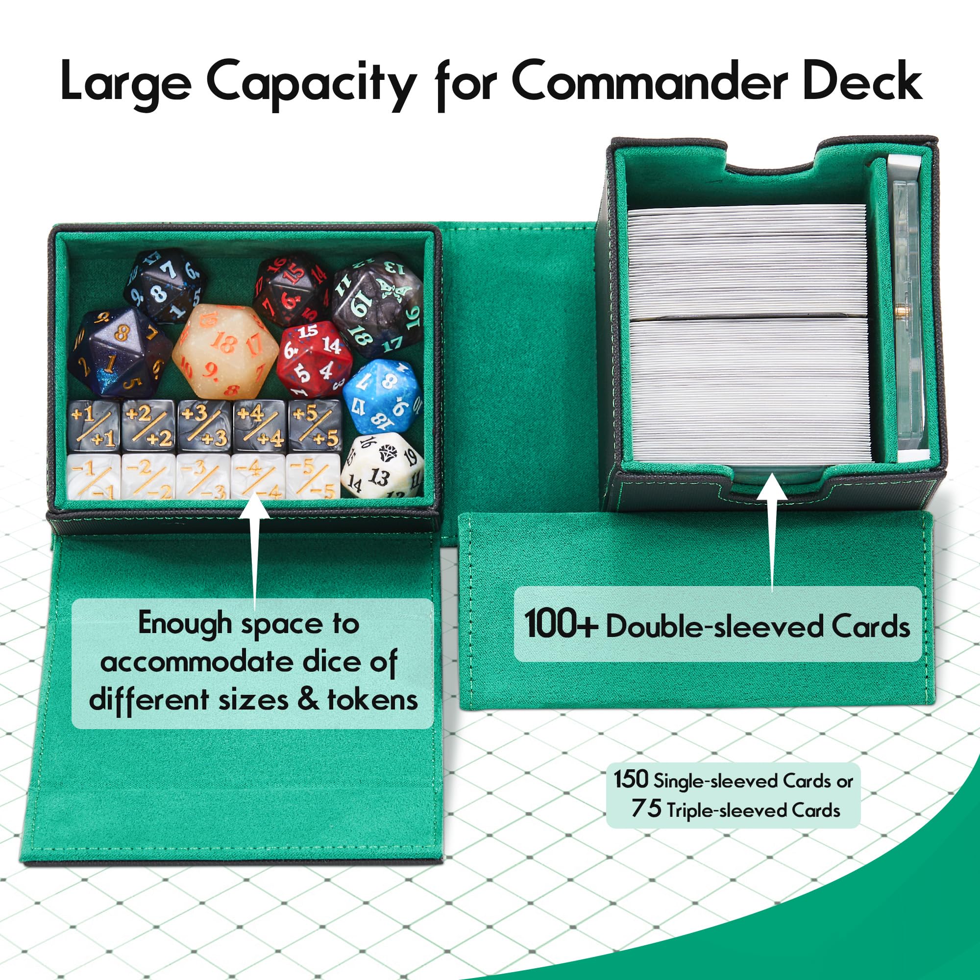 Zettokete MTG Commander Deck Box with Dice Tray - Fits 100+ Double-sleeved Cards - Commander Display - Card Deck Box for Magic, TCG - Black/Green