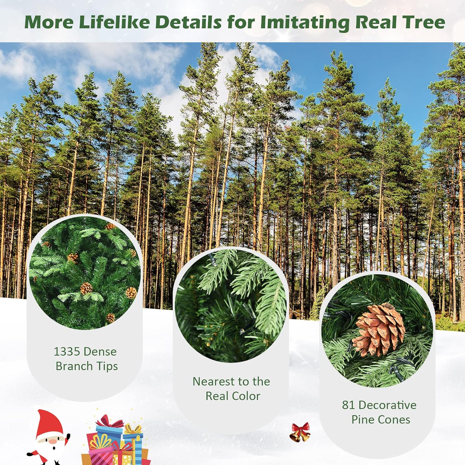 Goplus 8FT Pre-Lit Christmas Tree, Artificial Spruce Hinged Tree w/ 600 LED Lights and Pine Cones, Xmas Tree for Indoor Decor