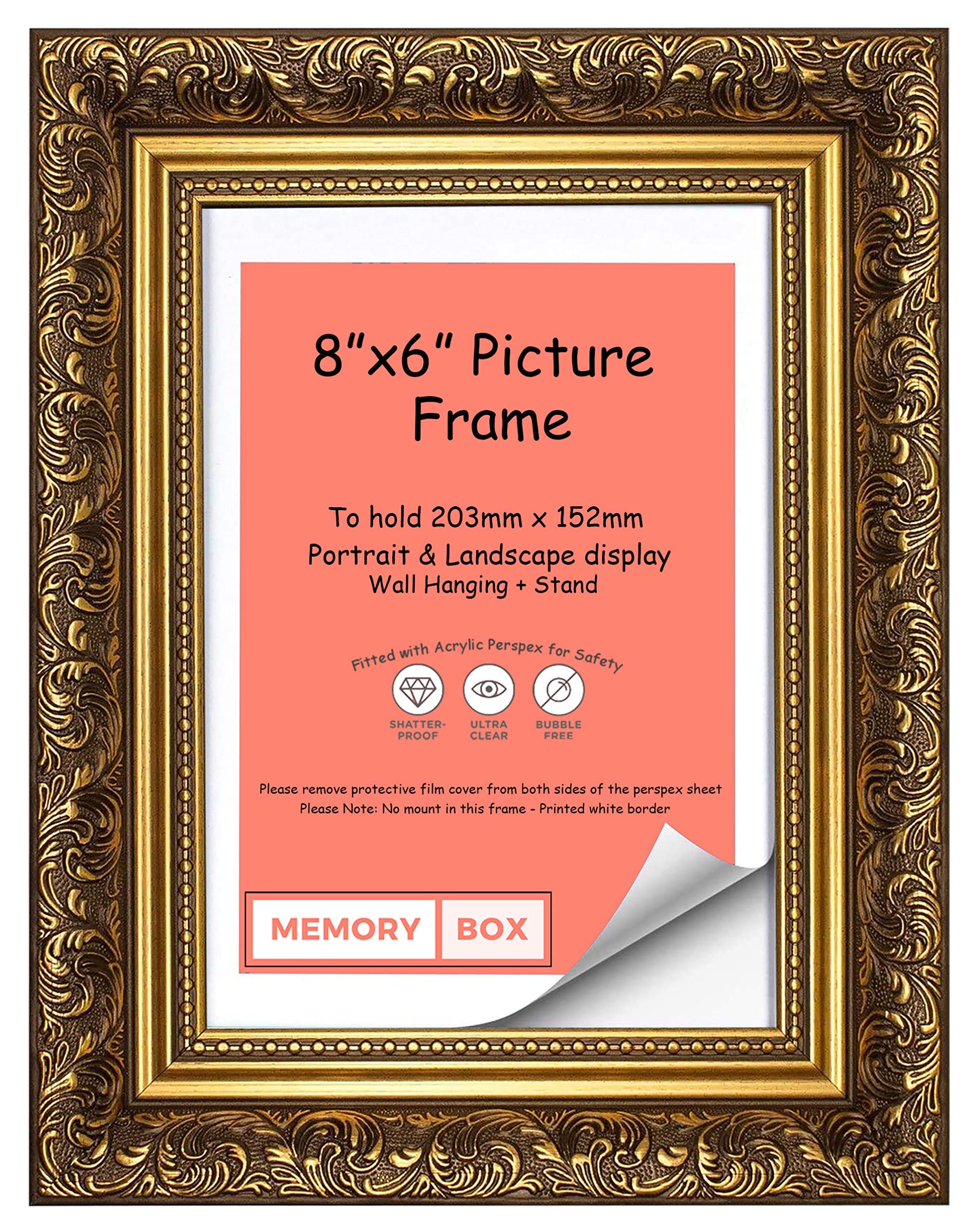 Memory Box French Baroque Style Ornate swept Antique style Picture/Photo/Poster frame - (20.3 x 15.2cm) Gold 8" x 6"