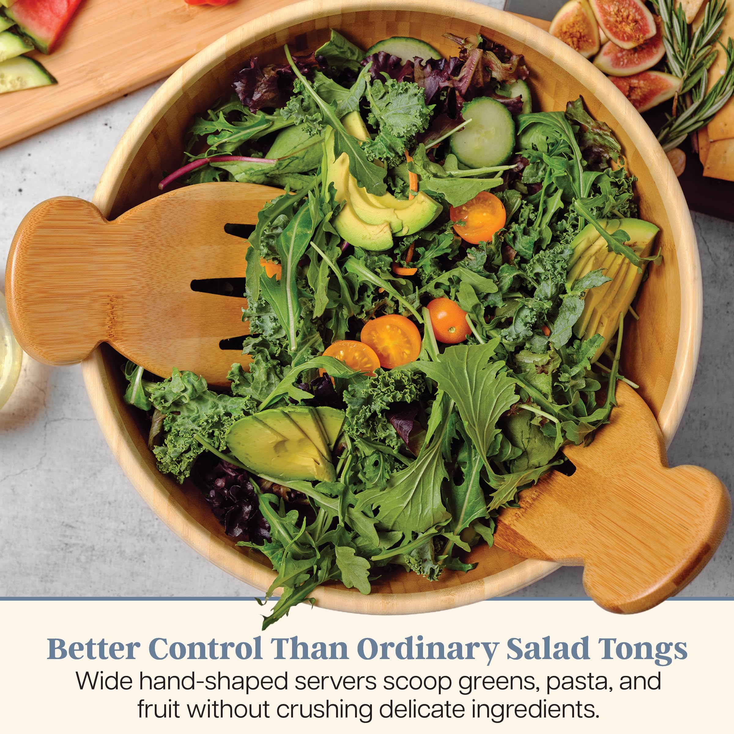 Totally Bamboo Salad Hands, juego de 2 servidores de ensalada de madera de bambú, ideal para lanzar y servir ensalada, pasta y más