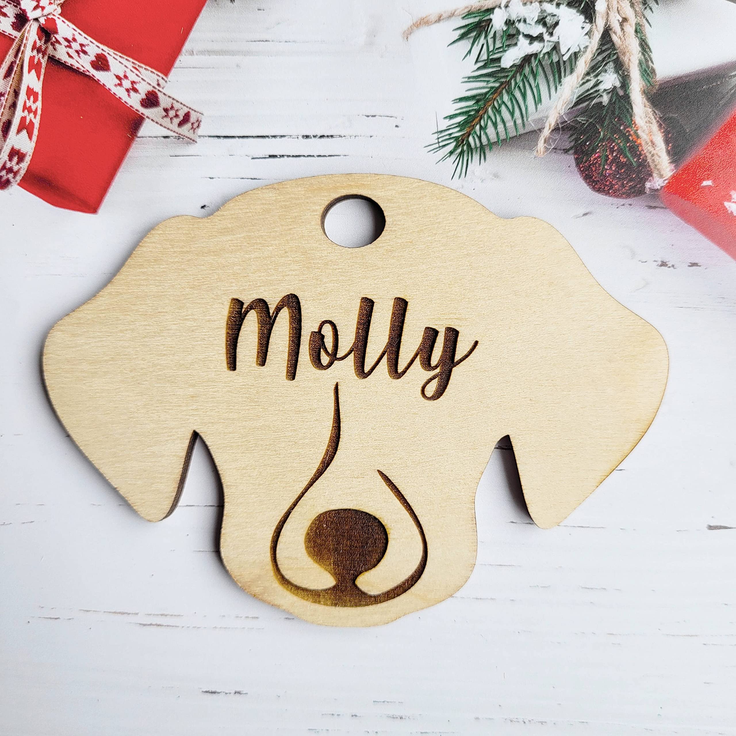 Fancy Crafts Light Brown Personalised Dog First Christmas Pets 1St Xmas Tree Decoration Ornament Bauble - Cherry Veneer And Acrylic Engraved Christmas Tree Ornament - Keepsake Presents