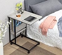 Vista 6 de JJS Mesa lateral C con soporte para revistas para sofá, sala de estar, mesa de aperitivos que se desliza debajo para espacios pequeños, cemento/negro