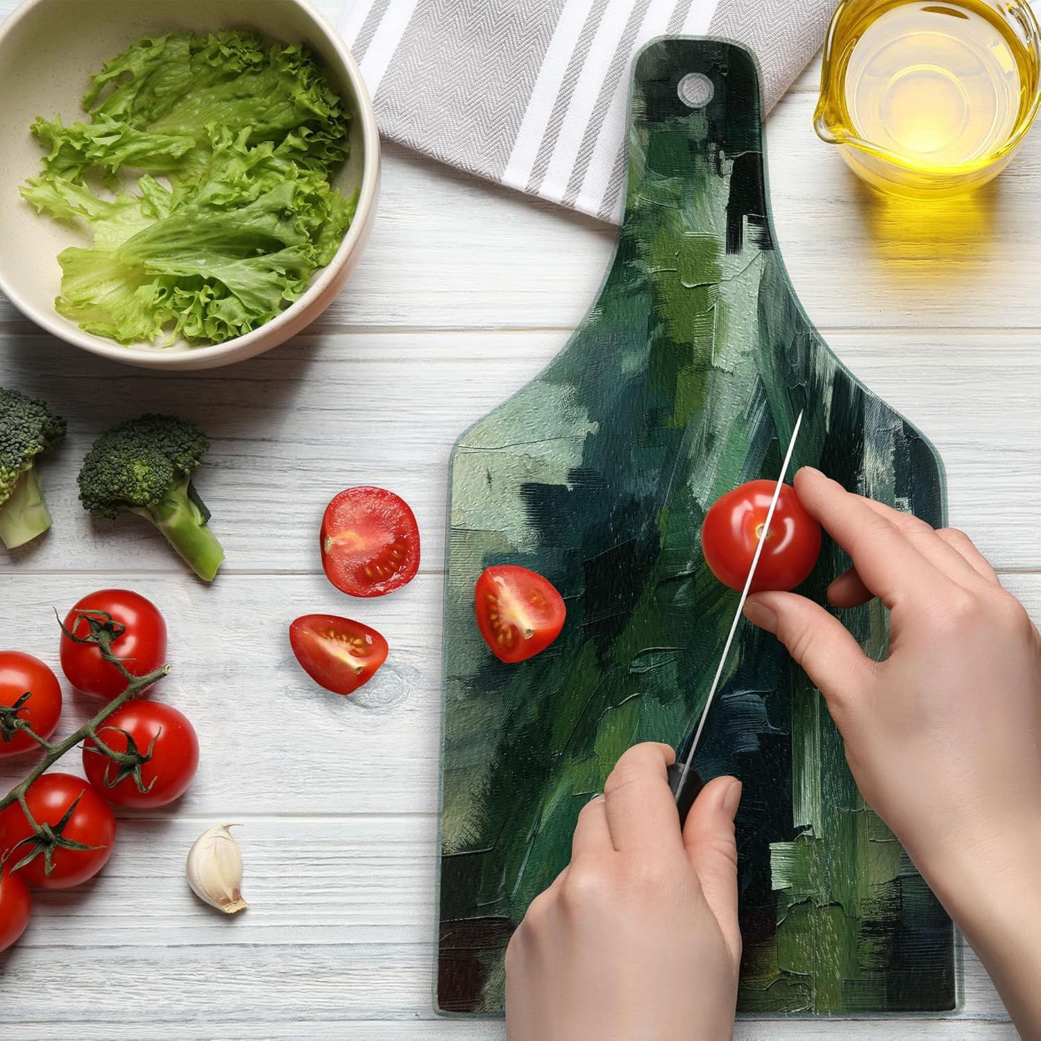 Ambesonne Dark Green Cutting Board, Simple Abstract Painting Style Brush Strokes with Deep Nature Colors, Decorative Tempered Glass Cutting and Serving Board, Wine Bottle Shape, Blue Grey and Eggshell