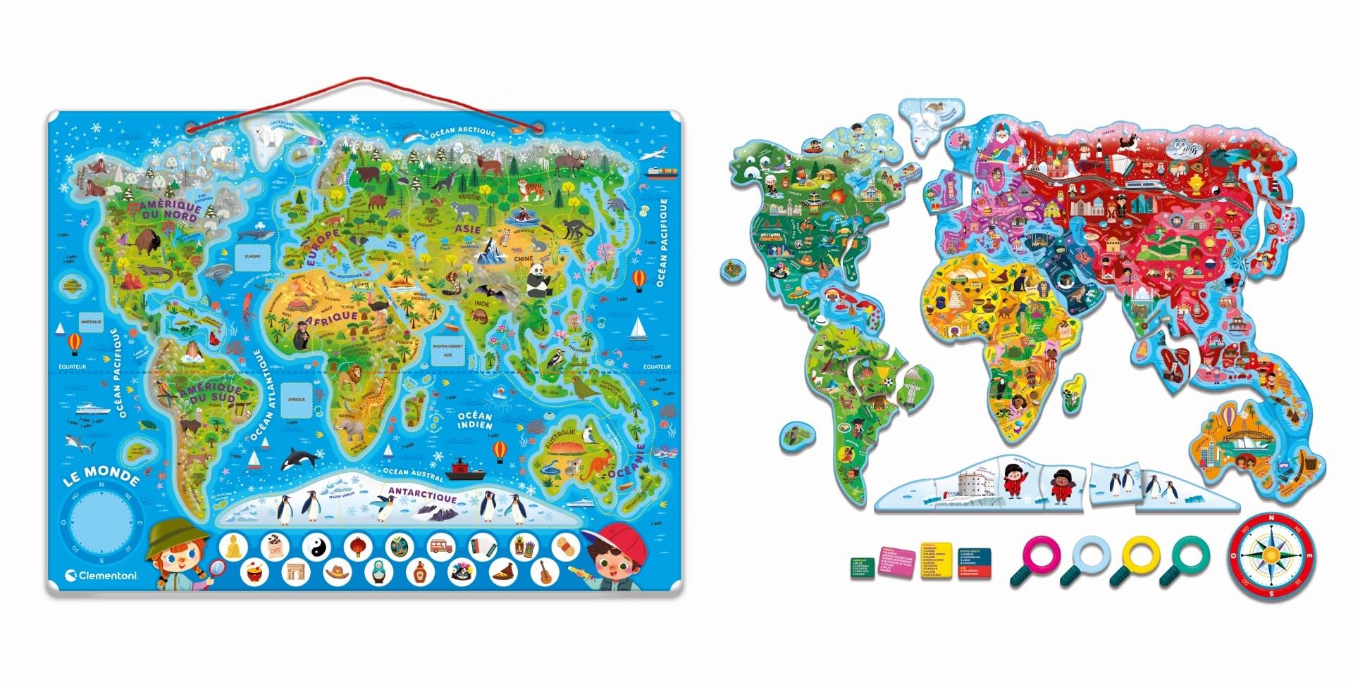 CLEMENTONI - Mon Puzzle Magnétique du Monde 4 Ans + - Planisphère Interactif - Découverte Animaux & Monuments - Jeu Éducatif Enfant