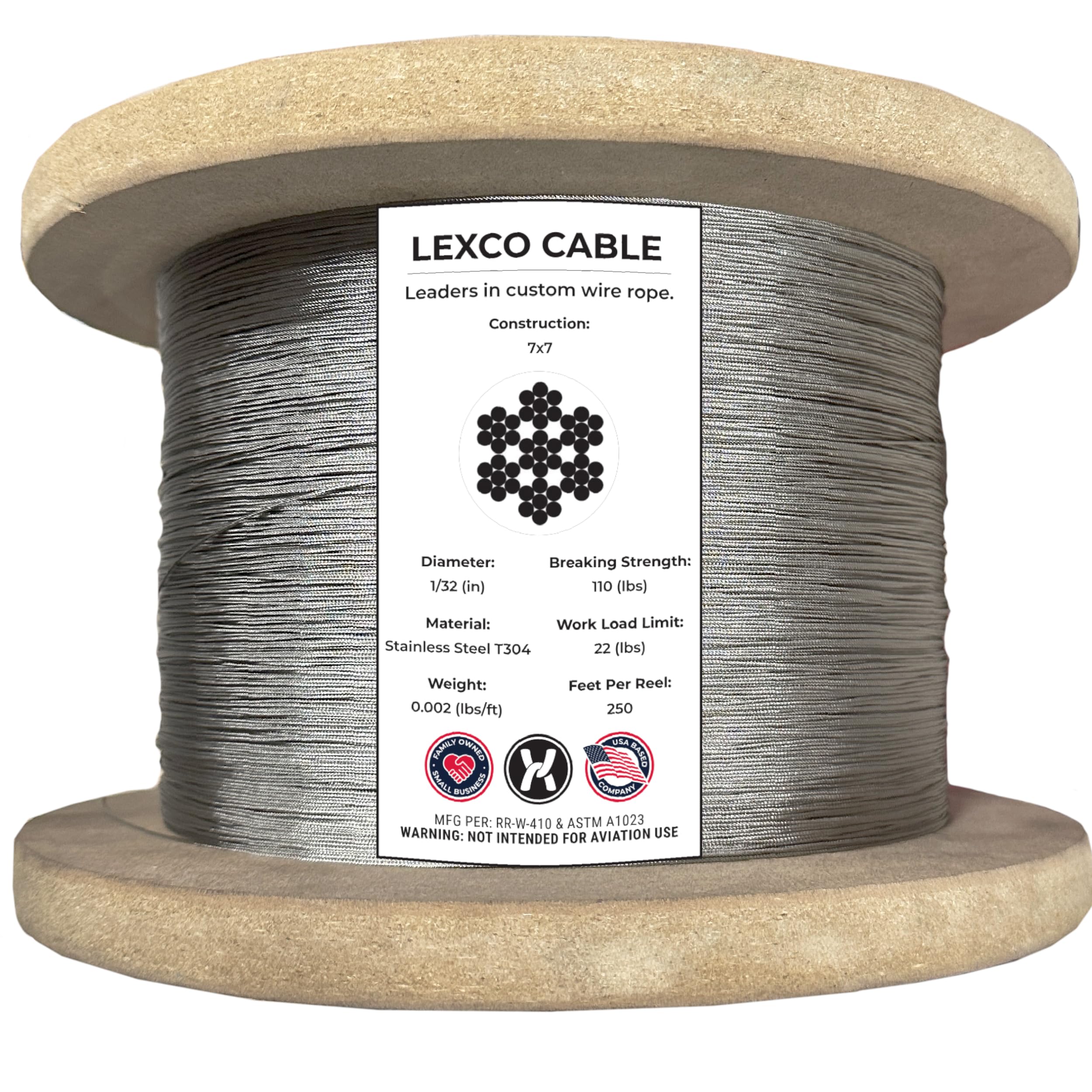 1/32 7x7 Stainless Steel Aircraft Wire Rope Cable T304 250' Reel