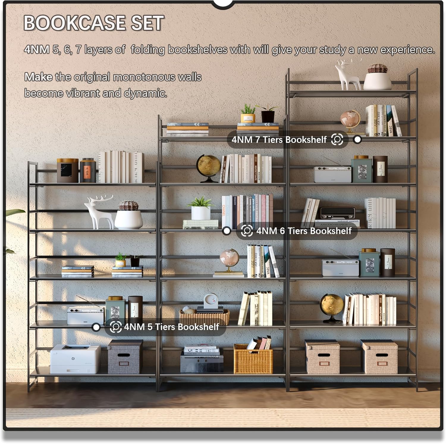 4NM No Assembly 5 Tier Collapsible Book Shelves, 51.2" H x 23.6" W Folding Bookshelf Bookcase Open Industrial Foldable Shelf for Bedroom, Living Room, Home Office - All Black