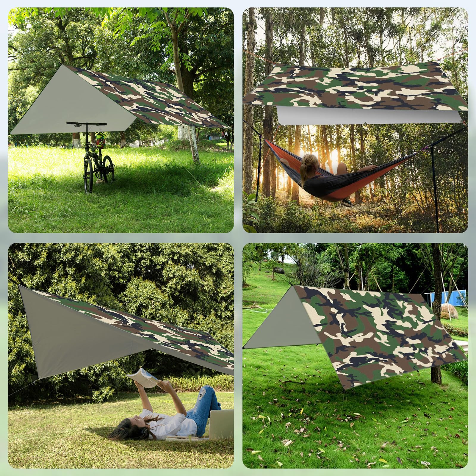 Toldo de Refugio Camping 3x3M, Toldo Camping Impermeable,Tienda de Campaña Tarp con 6 Cuerdas,6 Clavos de Tierra,2 Bolsa de Guarda,Lona Protectora Anti-UV para Vivac, Picnic, Playa, Hamaca