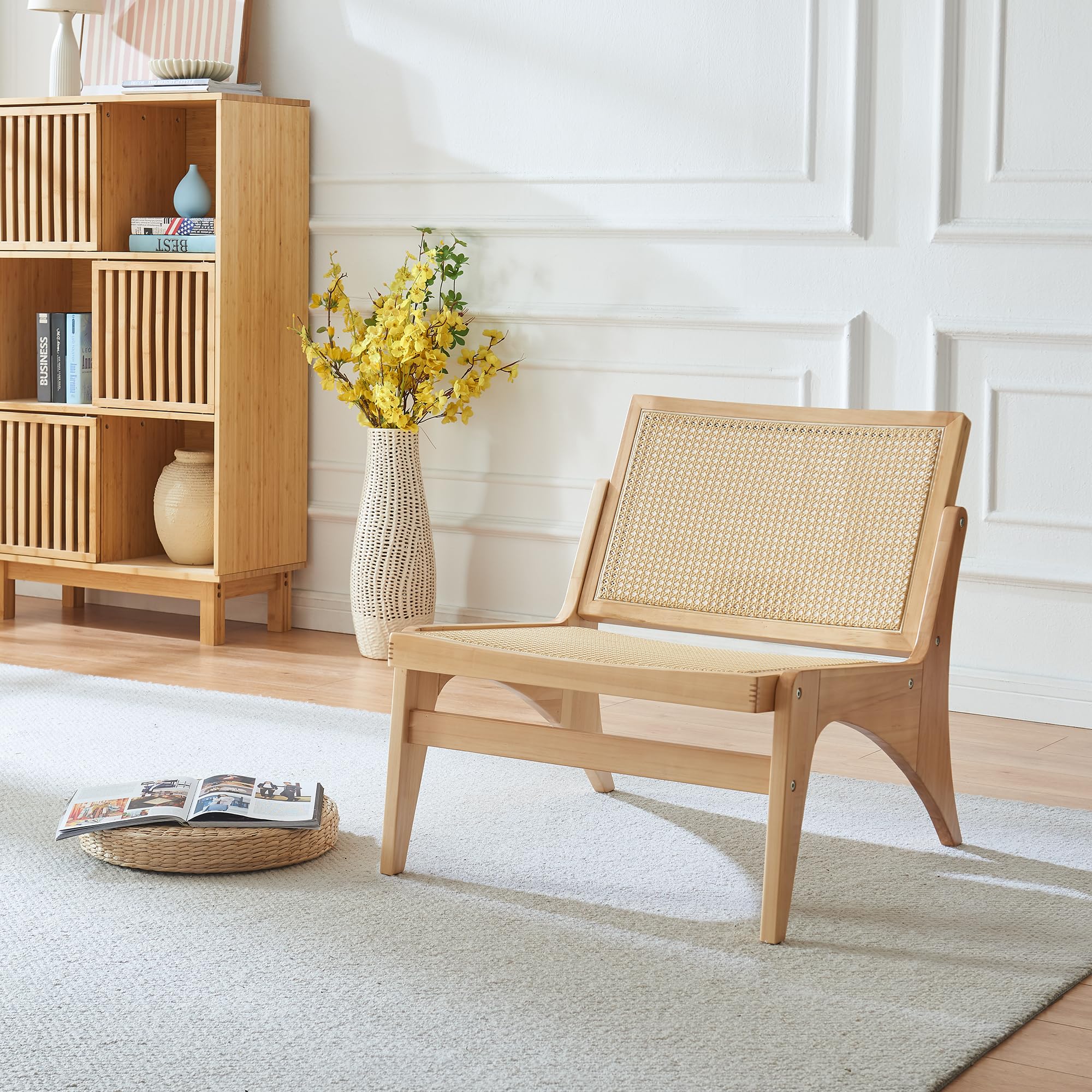 Panana Rattan Accent Chair Mid-Century Modern Chair Lounge Chair with Solid Wood Frame (Armless Natural)