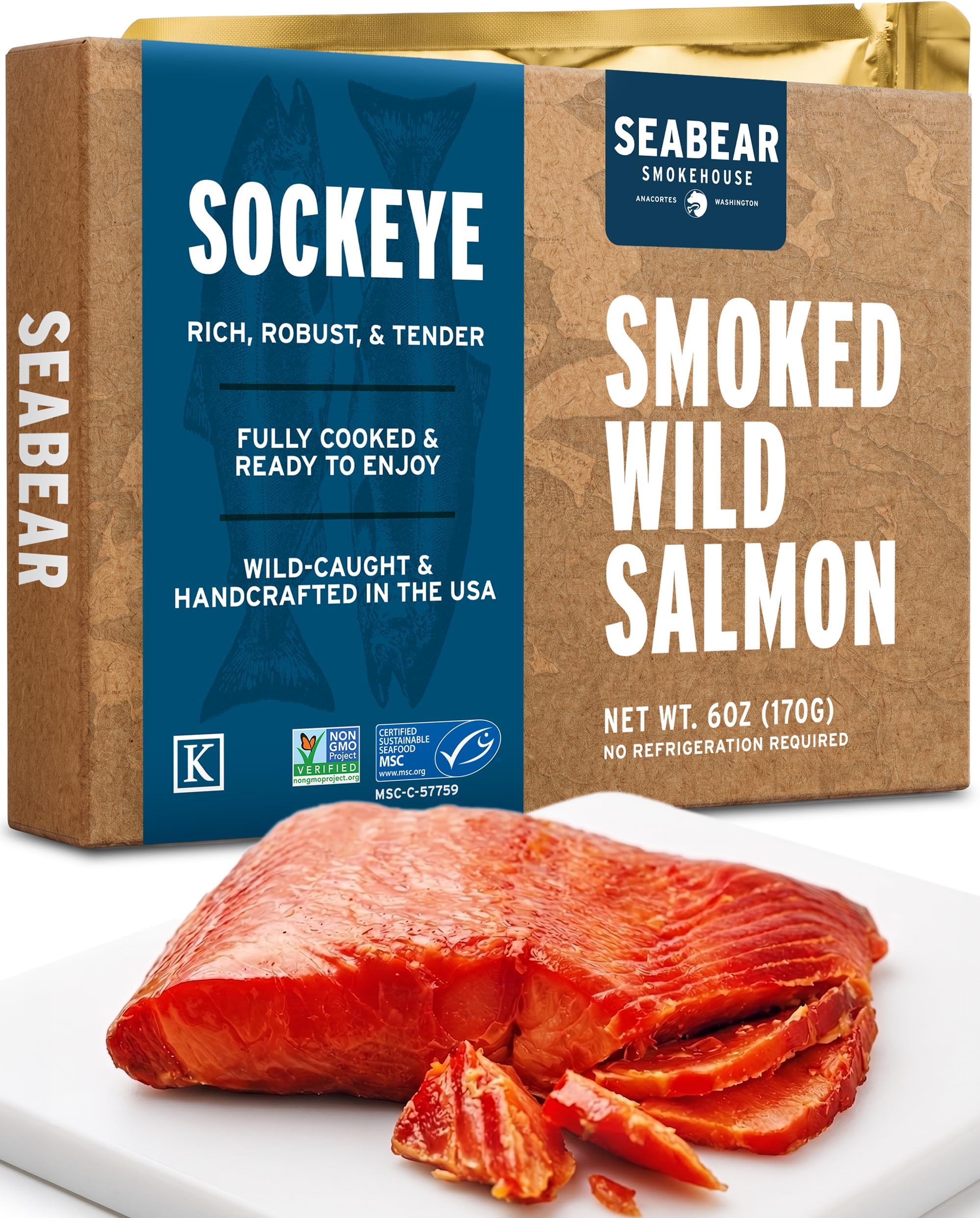 SeaBear - Wild Alaskan Smoked Sockeye Salmon - 6oz | Wild Caught Alaskan Sockeye Salmon Fillet - Shelf Stable, Ready to Eat Gourmet Seafood - Smoked Salmon Gift