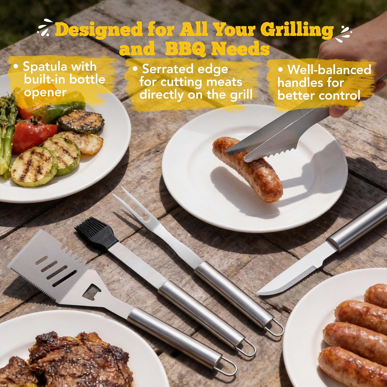 Custom Engraved King of The Grill Name BBQ Accessories Grill Tools Set with Wooden Storage Case 5 Piece Kit with Stainless Steel Tongs, Spatula, Fork, Basting Brush, & Knife Gift for Men (SS)