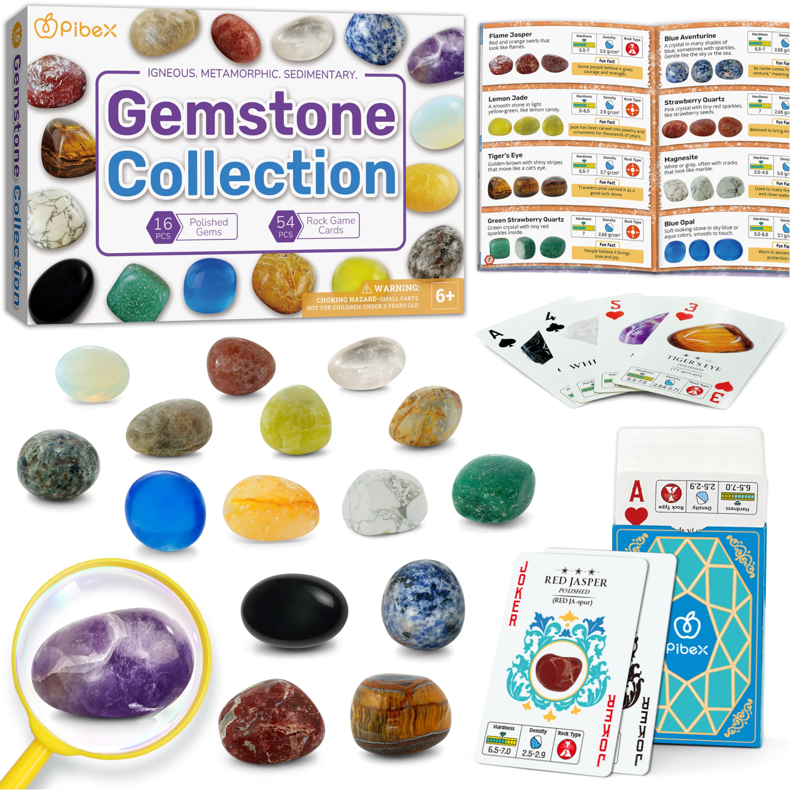 PIBEX Gemstone Collection - 16 PCS Polished Gems & Crystals (1-Inch / 2-3 cm), STEM Geology Kit with Guidebook, 54 ID Cards & Transparent Display Case, Rock Science Gift for Kids Ages 6+ — image 1