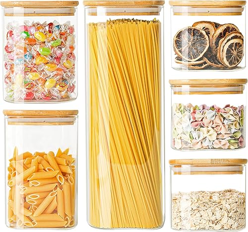 Juego de 6 Tarros de vidrio para almacenamiento de alimentos recipientes de almacenamiento de vidrio con tapas herméticas de bambú recipiente de
