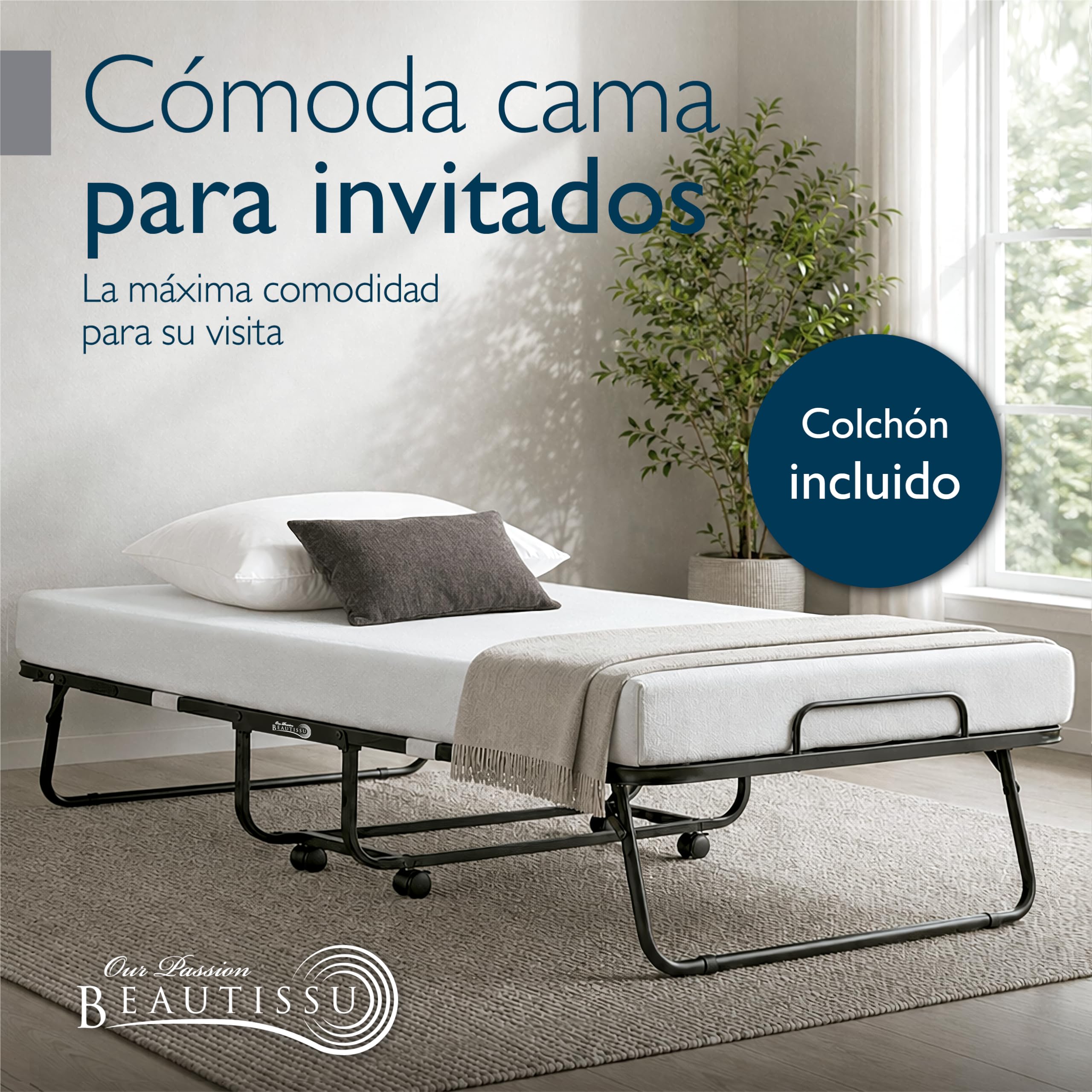 Beautissu Cama Plegable Auxiliar con colchón Espuma viscoelástica Adultos | 90x200cm de 13cm para hasta 250 kg freno funda ahorro espacio Ruedas invitados supletoria invitados Traumkraft L
