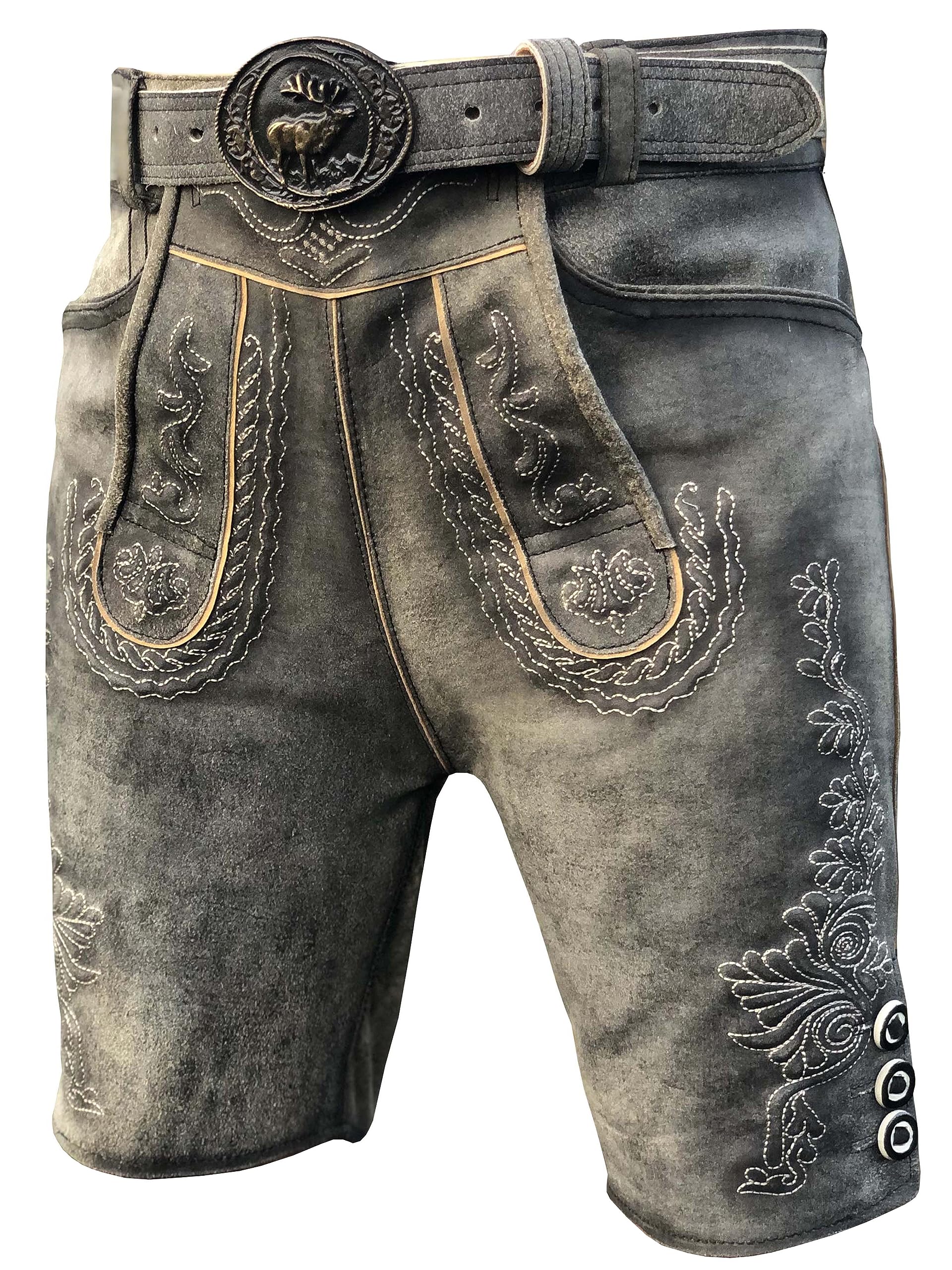 Trachten Lederhose Kurze Herren Lederhose Oktoberfest Lederhose mit Gürtel, Antik Smoke 46-58