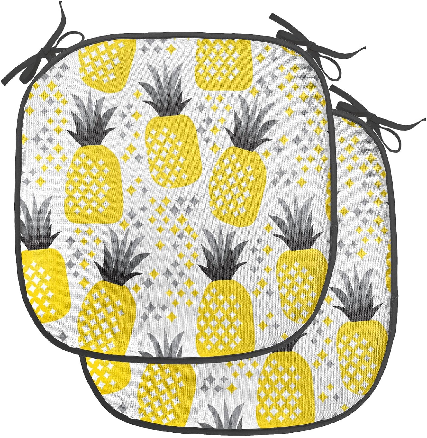Ambesonne Exotic Chair Seating Cushion Set of 2, Pineapples Tropic Accents Coastal Theme Beach Island Fruit Kitchen Graphic, Anti-Slip Seat Padding for Kitchen & Patio, 16"x16", Yellow Grey Black