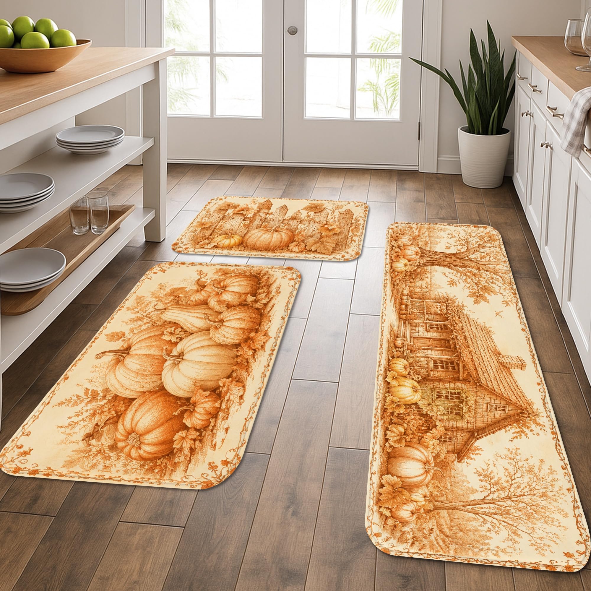 Tapis de cuisine antidérapant lot de 3 orange d'automne décoration buanderie et salle de bain