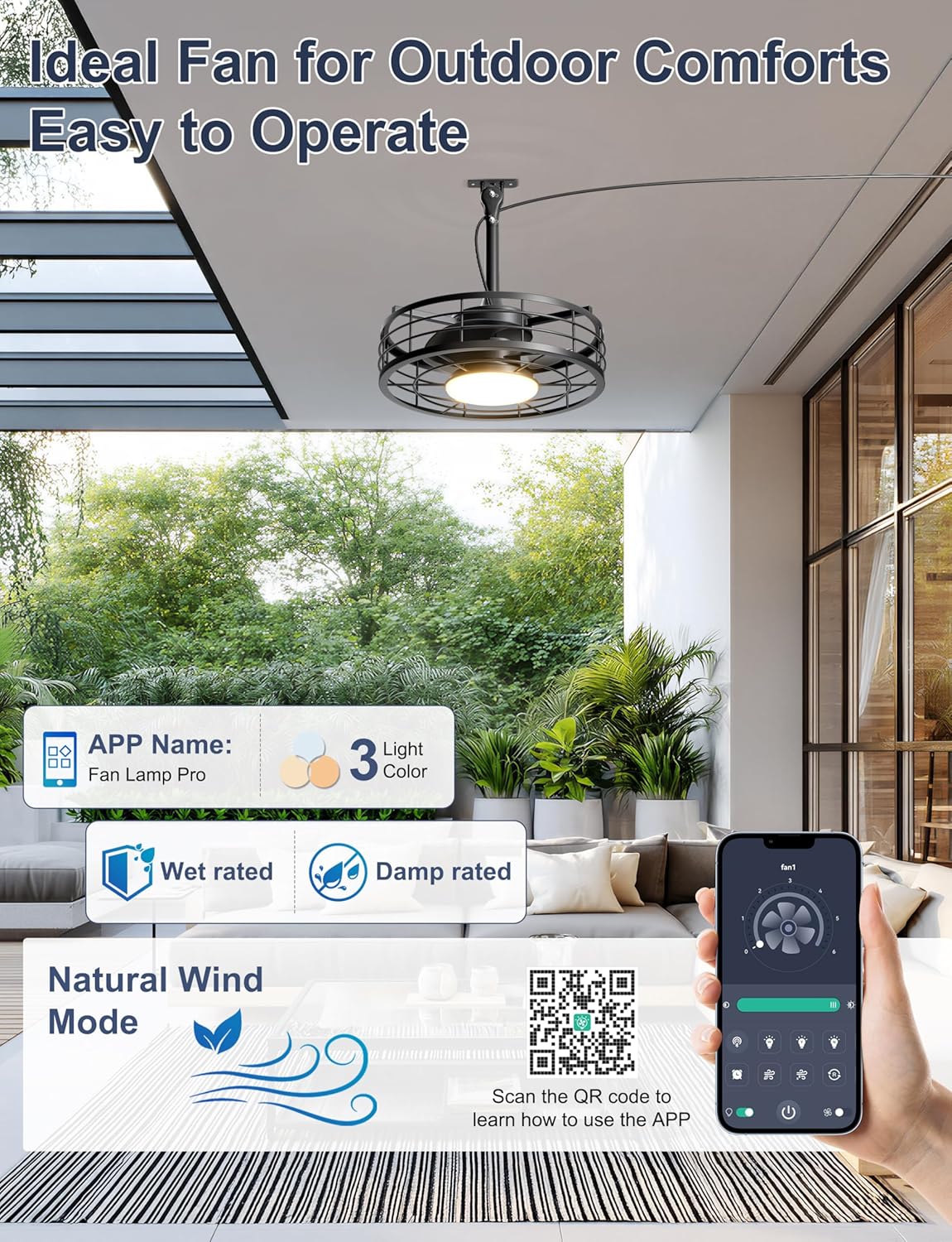 Outdoor Ceiling Fan with Lights - 16'' Wet Rated Gazebo Fan Remote/APP Control, Caged Hanging Fan Plug and Play for Covered Patio Porch, Black