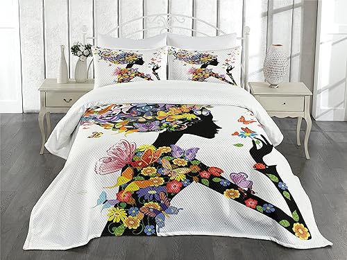 Miniatura 2 de Ambesonne Colcha de mariposas, flores ornamentales de follaje floral, bosque natural, estampado animal, juego de colcha acolchada de 3 piezas con 2