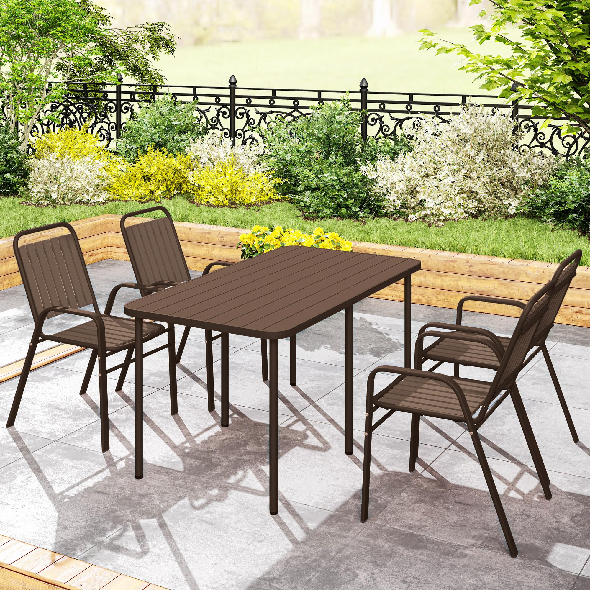 Outsunny Set 4 Sedie da Giardino Impilabili con Schienale Alto e Braccioli, Sedie da Esterno in Plastica PP e Acciaio, da Patio, Balcone, Terrazza, Esterno e Interno, 56x66x91 cm, Marrone Scuro