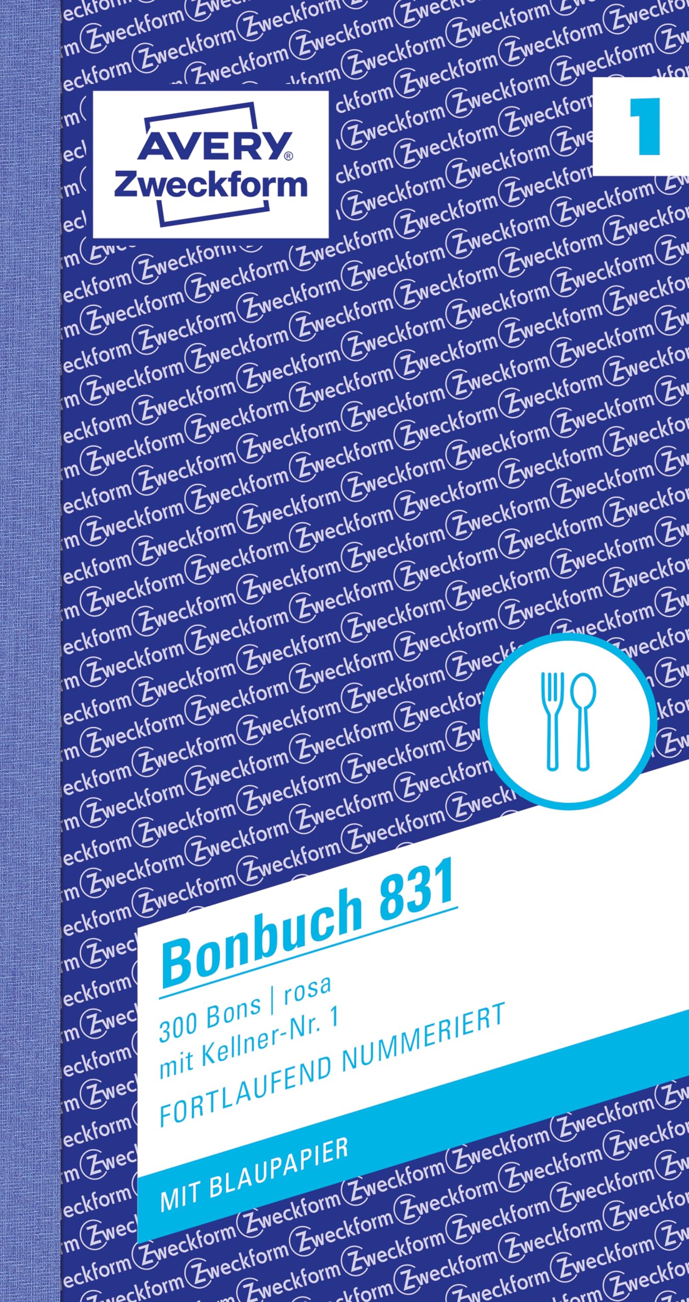 AVERY Zweckform 831-5 Bonbuch (105x198mm, 1.500 Bons mit Kellner-Nr. 1, mit einem Blatt Blaupapier und je einem Durchschlag, 5 Blöcke mit je 300 Stück, ideal für den Gastronomiebedarf) rosa/weiß