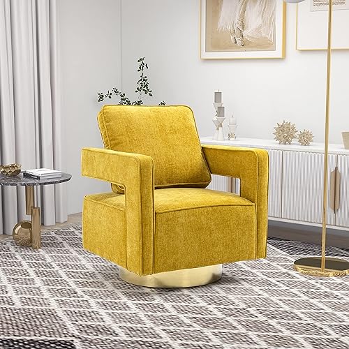 Miniatura 1 de Betoko Silla giratoria con diseño de barril, moderno sillón con respaldo abierto con base de metal dorado, silla tapizada de felpilla con almohada