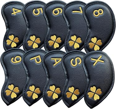 10pcs Golf Iron Covers 4 Leaf Clover Golf Iron Head Covers Synthetic Leather Golf Iron Covers Set Iron Headcovers Golf Club Head Covers for Iron Wedges fits for All Brand