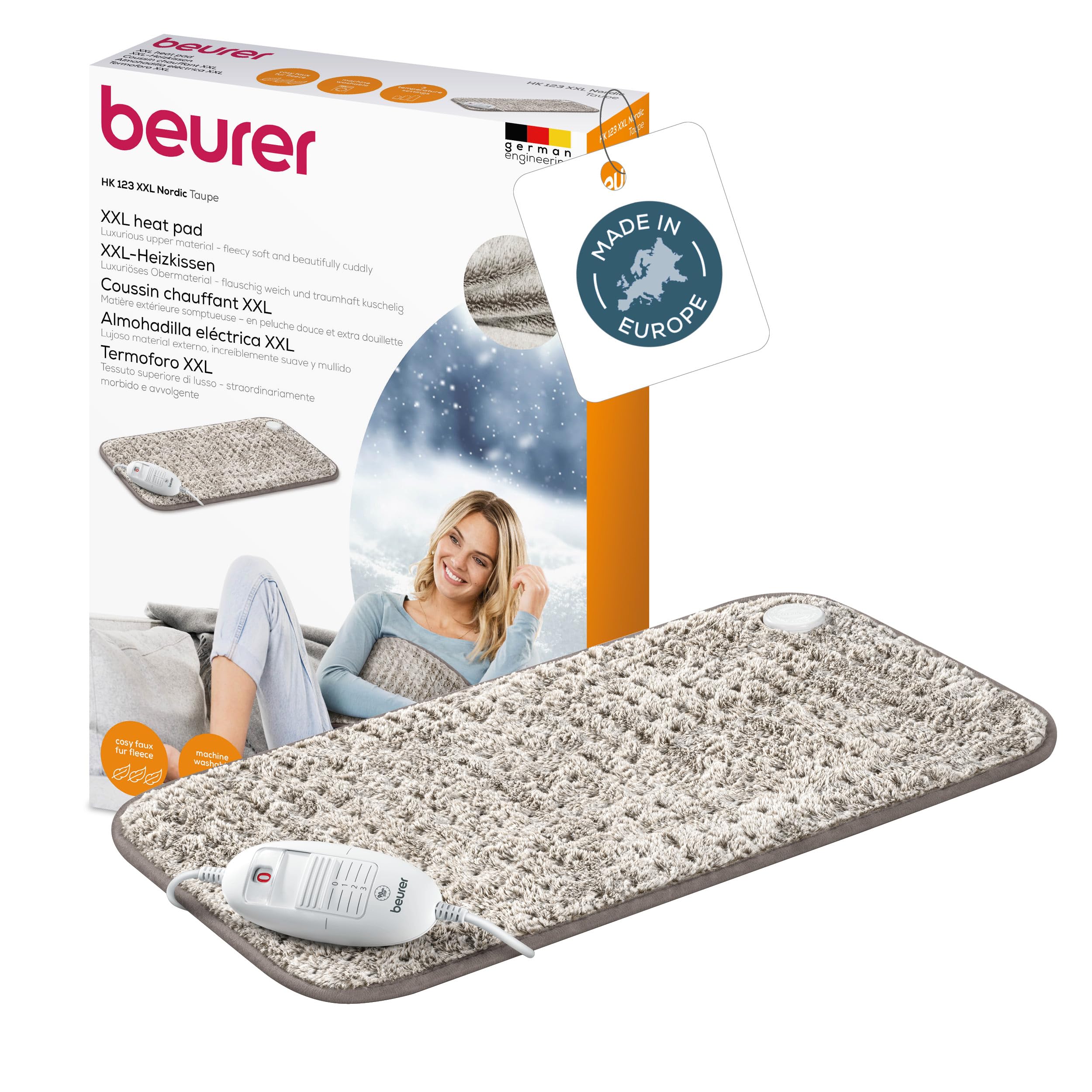 Beurer Heating Pad HK 123 XXL Nordic, cosy heat pad with 3 temperature settings and automatic switch-off, machine washable, made in Europe, XXL size 60 x 30 cm, faux fur appearance