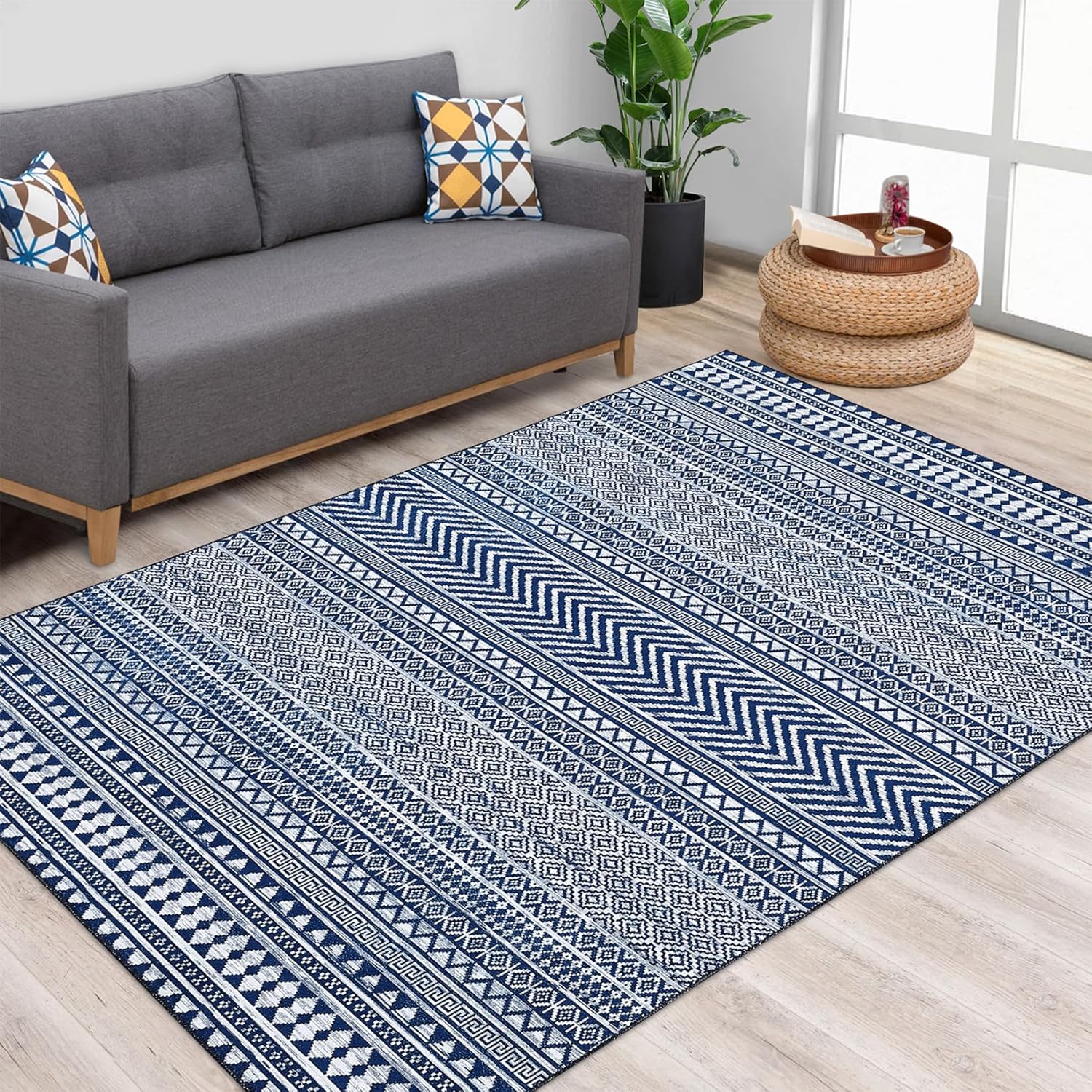 Machine Washable Rug Boho Non-Slip Area Rug Stain Resistant Low Pile Rug Non-Shed Large Farmhouse Carpet for Living Room Bedroom, Navy Blue 8' x 10' 8' x 10' Navy Blue