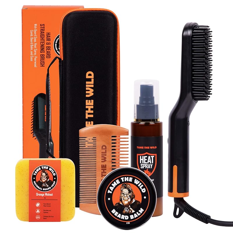 Kit de cuidados para barba TAME THE WILD MAKE YOUR BEARD BEHAVE com escova térmica, sabonete, bálsamo, pente e estojo – 6 peças
