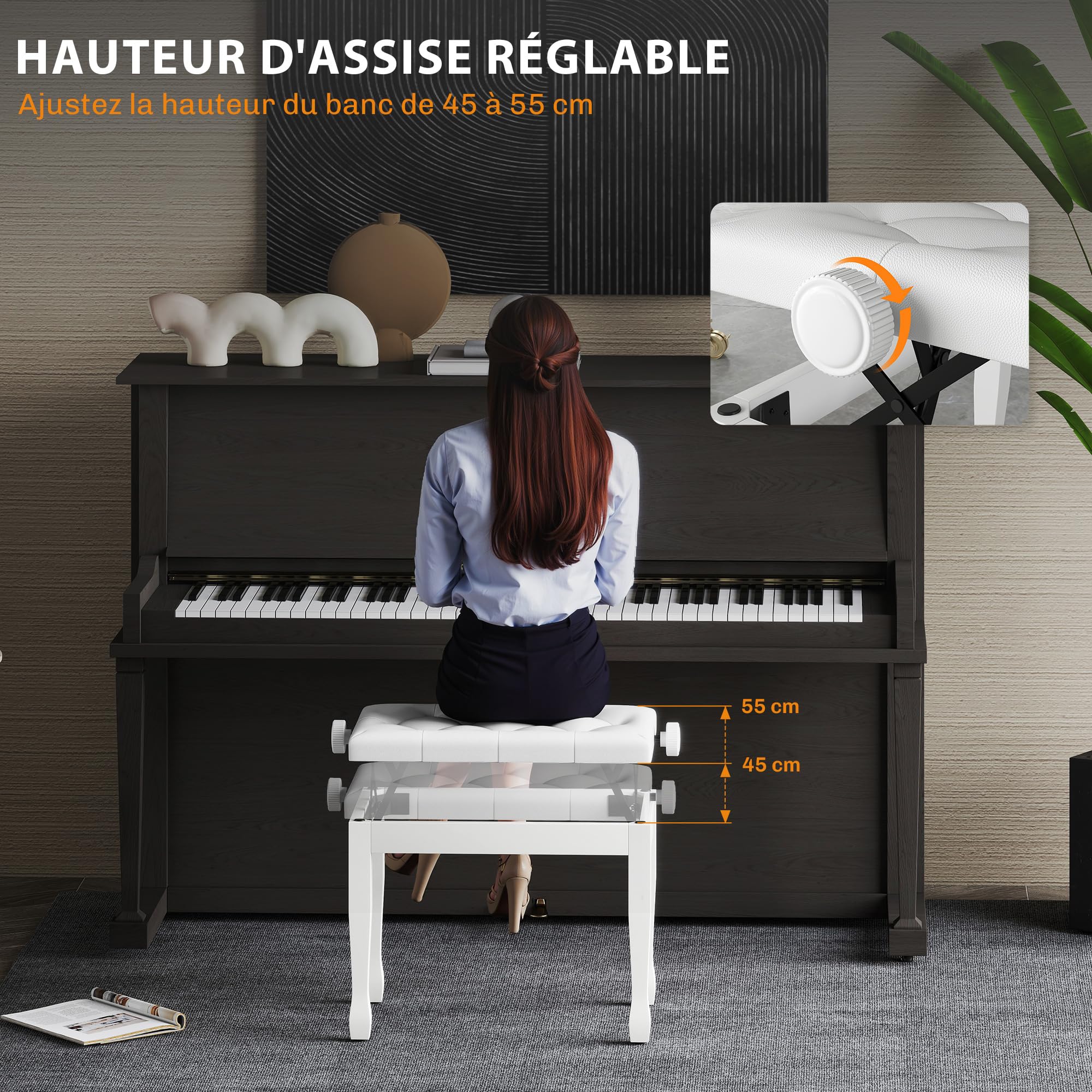 HOMCOM Banc de Piano, Banc de Clavier réglable en Hauteur en Bois Massif, Tabouret Piano avec siège rembourré polyuréthane à 10 Boutons, Stable et antidérapant, Charge 200kg, Blanc