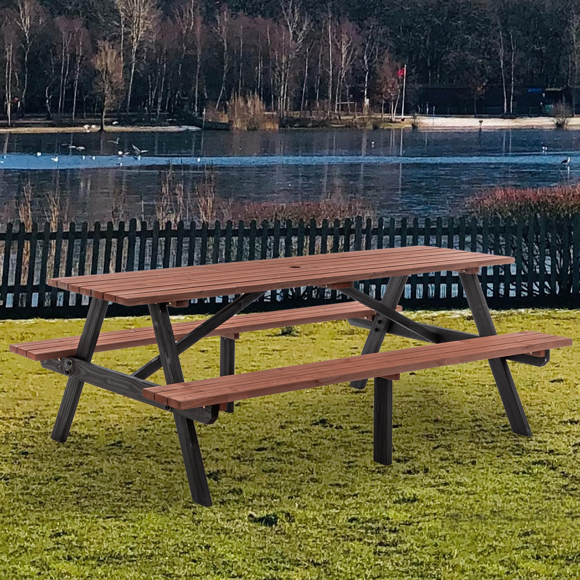 75' Solid Wood Picnic Table, 8-Person Capacity Outdoor Wooden Picnic Tables with Umbrella Hole...