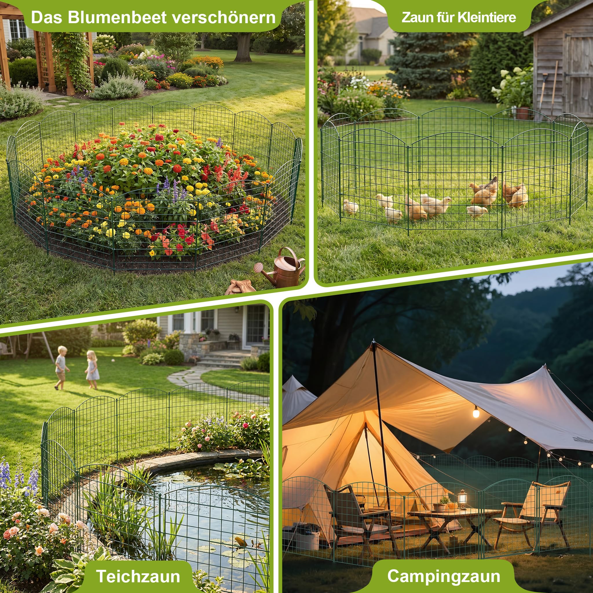 XMTECH Valla para estanque de jardín, valla de rejilla con 10 elementos de valla y 12 barras de fijación, verde, elementos decorativos de metal para jardín, estanque, parterres y perros, juego de