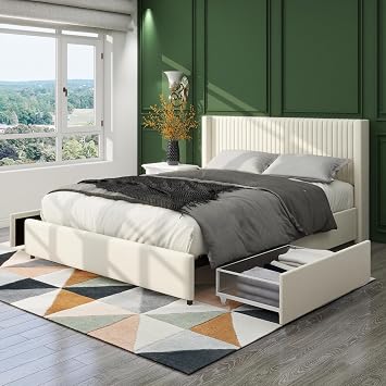 2-Drawer Storage Bed Queen Size Ivory Velvet Upholstered Wingback Platform Bed
