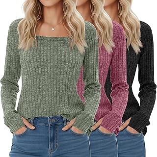 Paquete de 3 camisas de manga larga para mujer, cuello cuadrado, ajuste holgado, túnica para otoño e invierno, suéteres ligeros casuales