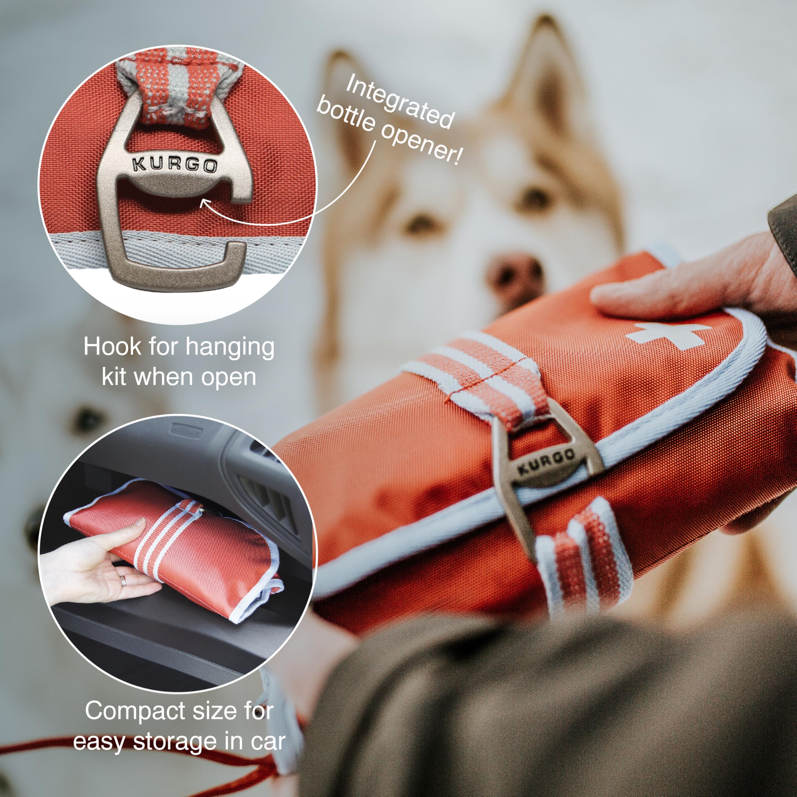 Kurgo - Kit de Primeros Auxilios para Perros - Para Excursiones y Viajes, incluye Guía y 50 Piezas en Estuche de Tela Oxford Resistente