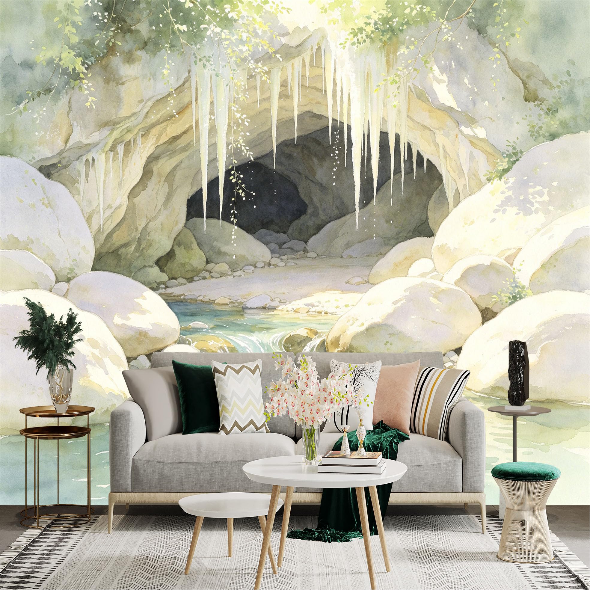 Lnzczhyre Dbh260521323 Custom Size Wall Sticker Mural， Watercolor Cave With Icicles， Flowing River And Rocky Shore， For Wall Decoration， Peelandstick Wall Decals.
