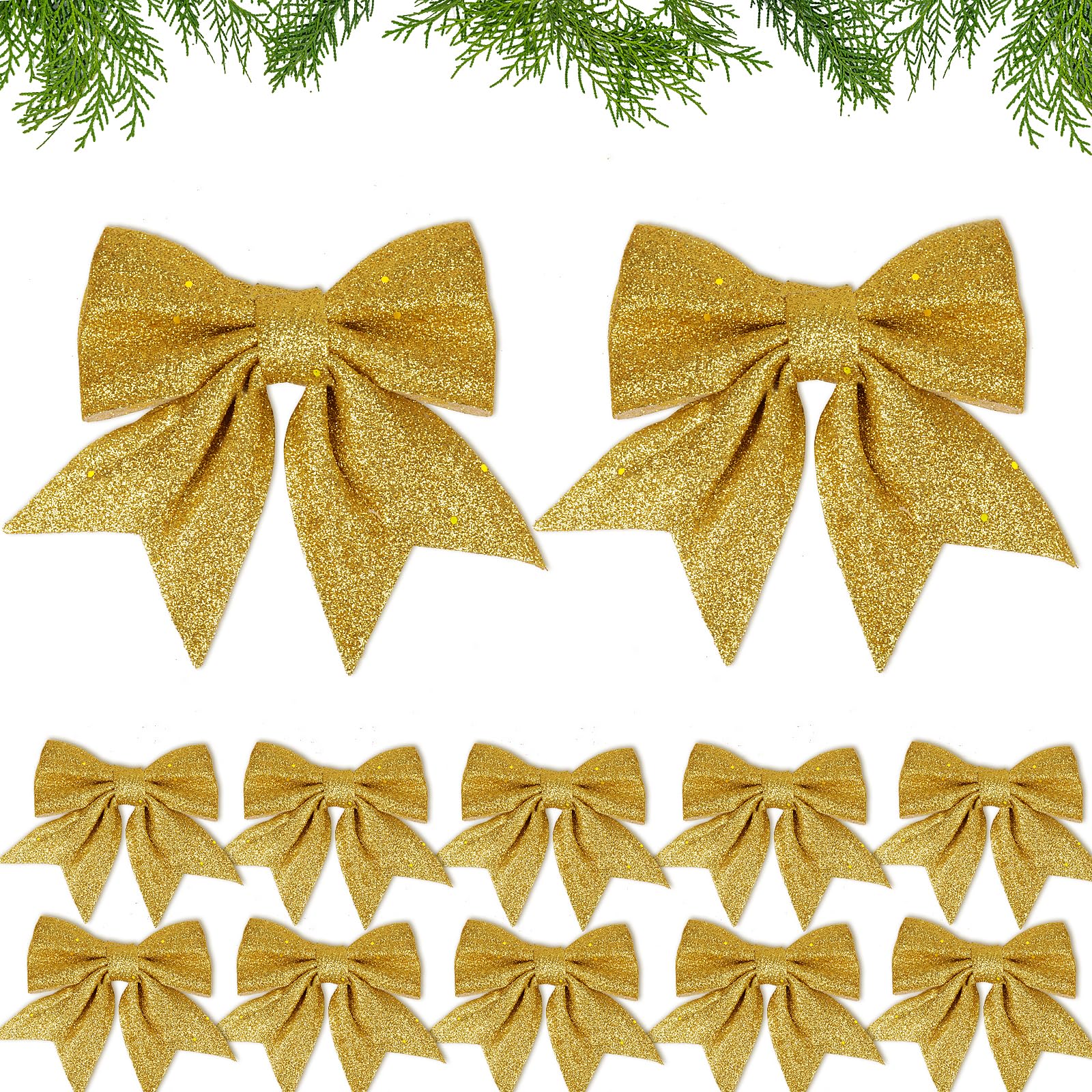 COLOFALLA 12pcs Lazos Dorados para Árbol de Navidad 15cm con Purpurina Decoración Navidad Adornos Navideños