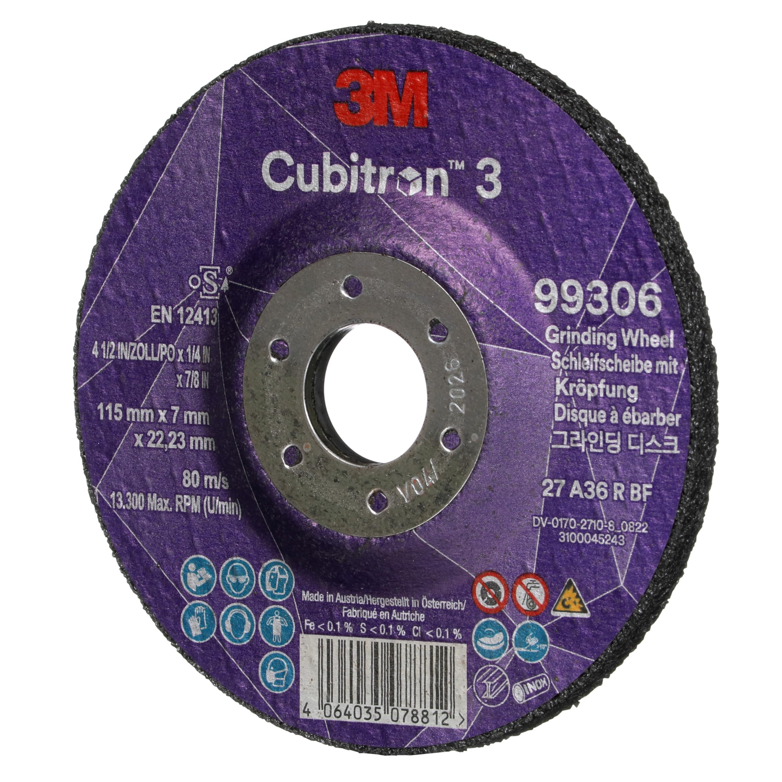 Disco da Sbavo a Centro Depresso 3M Cubitron 3, 99306, 36+, T27, 115 mm X 7 mm X 22.23 Mm, En, 10/Pack