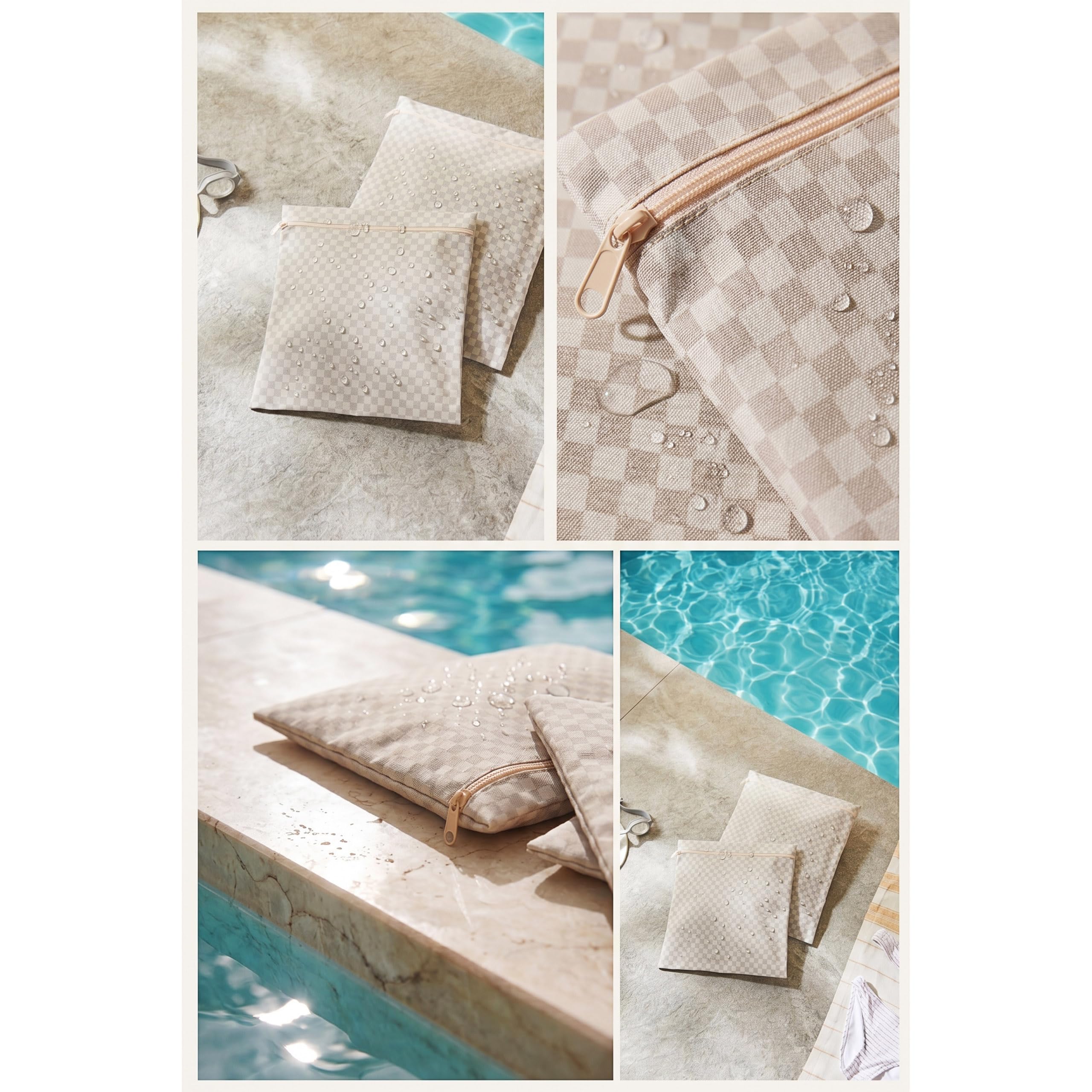Ocean Home Textile 2'li Su Geçirmez Pvc Astarlı Gri Dama Desen Islak Kuru Çantası 28 x 30/30 x 36 cm