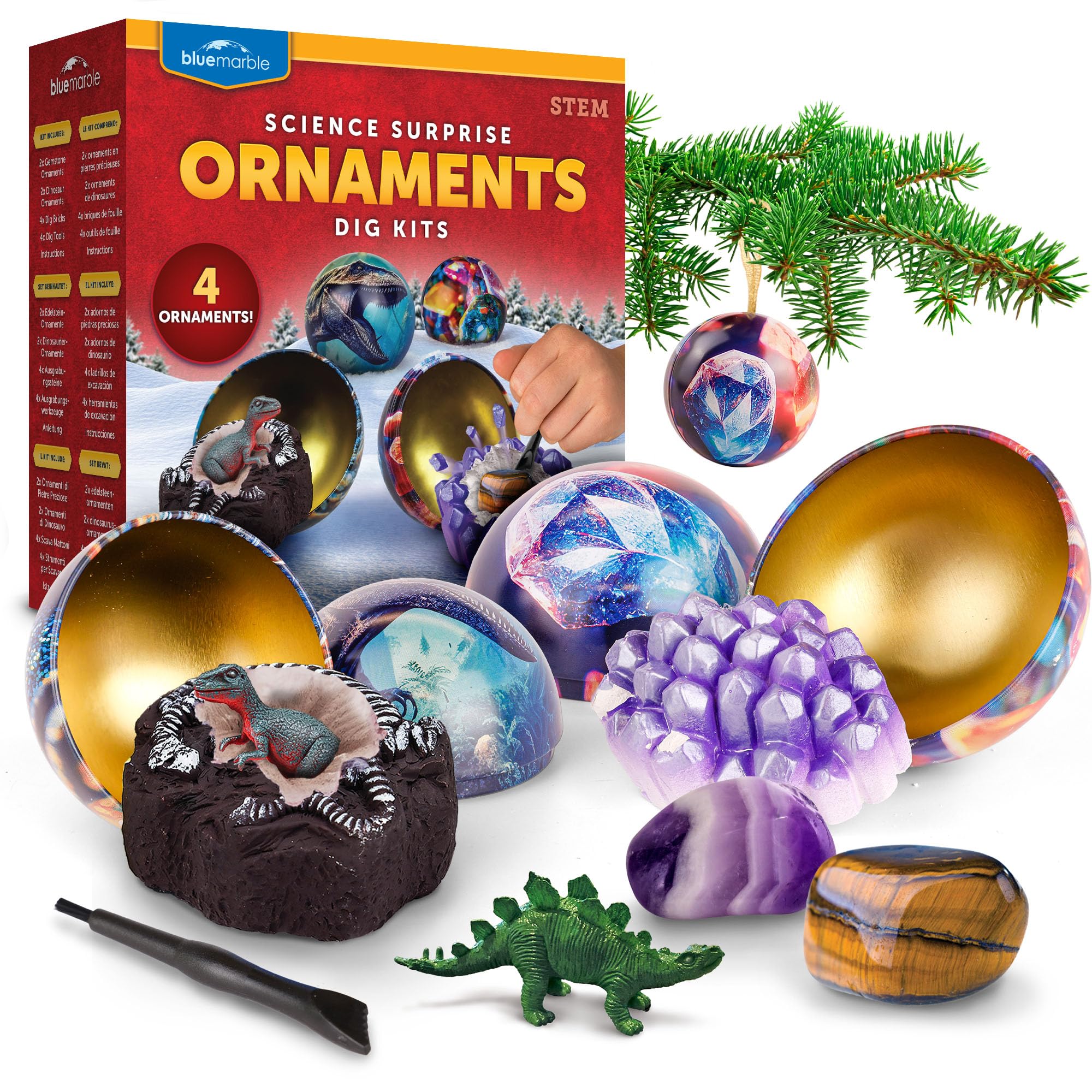 Blue Marble Science Surprise Christmas Ornament Dig Kits - 4 Ornaments with Mini Gemstone and Dinosaur Digs Inside, Includes Tools and Learning Guide